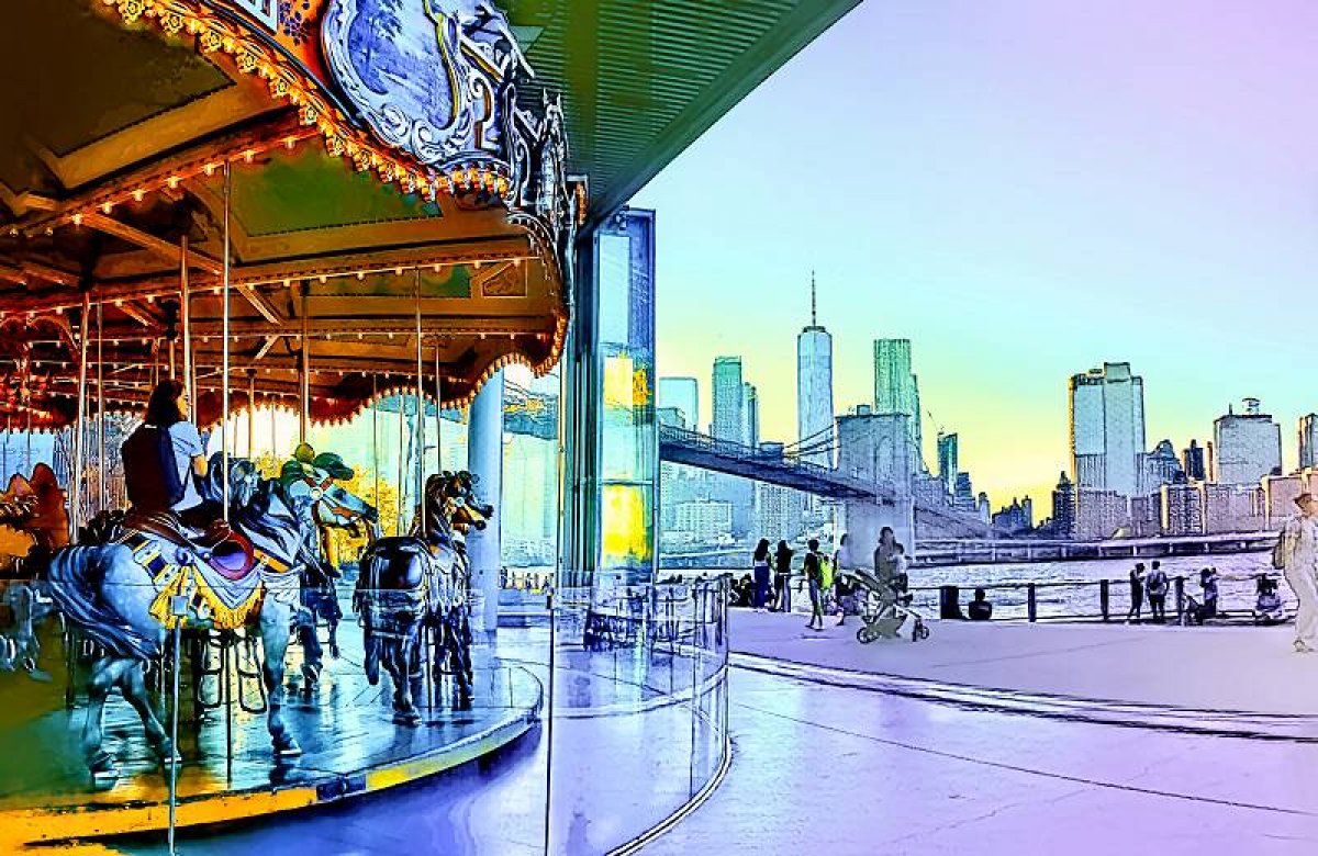 view from Carousel at DUMBO of Brooklyn Bridge and NYC_